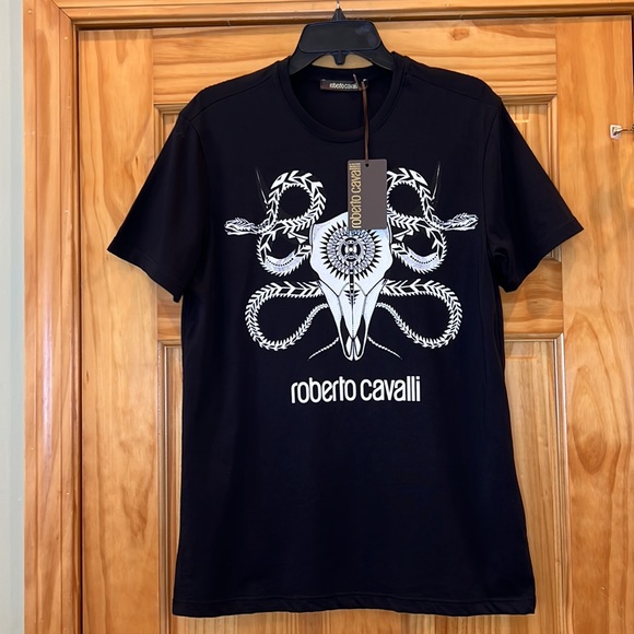 New with tags, Roberto Cavalli Men's Black Logo Graphic Print Short Sleeve Tee - Picture 3 of 8